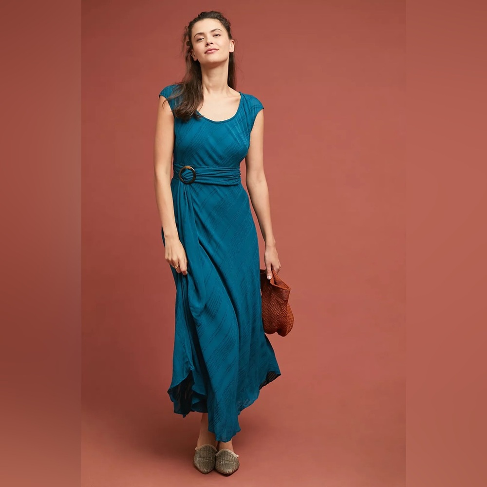 Anthropologie Teal Pleated Belted Midi Dress